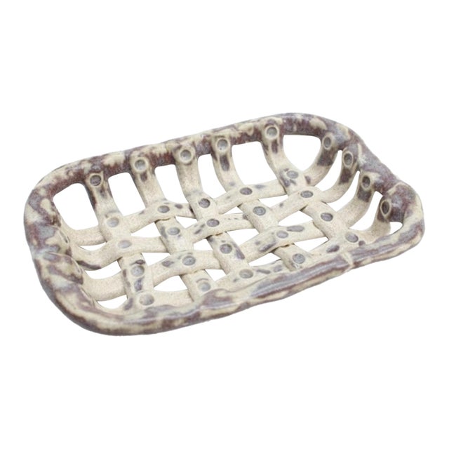 Signed Lufkin Pottery Seagrove Nc Woven Stoneware Basket Tray For Sale