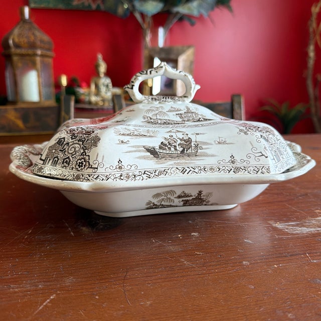 A Antique Brown Transfer Decorated Staffordshire Covered Vegetable Dish, “Nankin” by Dimmock, Circa 1830’s For Sale - Image 12 of 12