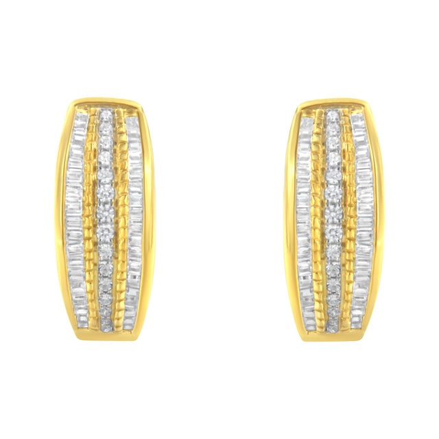 Contemporary 10K Yellow Gold 3/4 Cttw Pave and Channel Set Diamond Triple Row Modern Hoop Earrings (I-J Color, I2-I3 Clarity) For Sale - Image 3 of 6