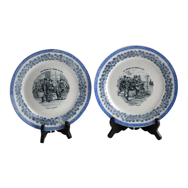 Late 19th / Early 20th Century French Transferware Plate "The Waiting Room" and "Departure Time" and "Railway Travelling" - Set ofn 2 For Sale