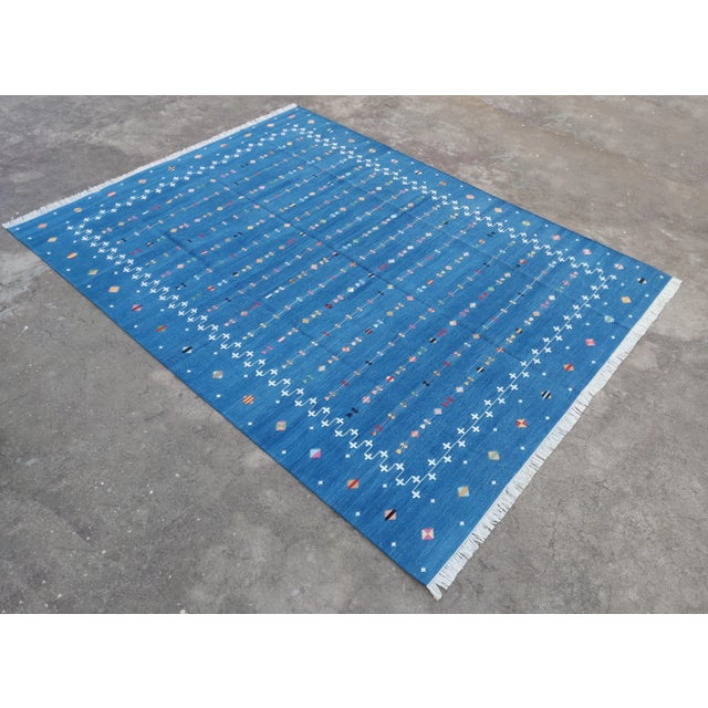 Mid-Century Modern Handmade Reversible Cotton Vegetable Dyed Denim Blue Shooting Star Rug-12'x15' For Sale - Image 3 of 11