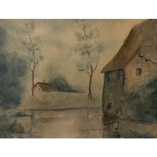This antique pastoral landscape watercolor presents a serene countryside scene in the English School tradition, depicting...