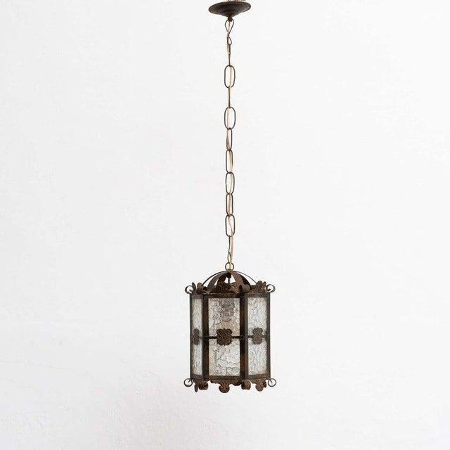 Antique metal ceiling lamp. By unknown manufacturer, made in circa 1950. In original condition, with minor wear consistent...