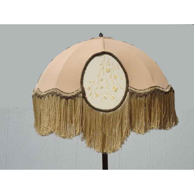 Tan Vintage French Victorian Floor Lamp Light W Fringed Lamp Shade & Onyx Base For Sale - Image 8 of 12
