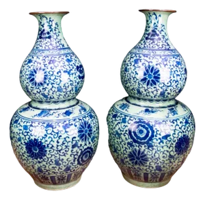 Blue and White Porcelain Ming Double Gourd Urns, Set of 2