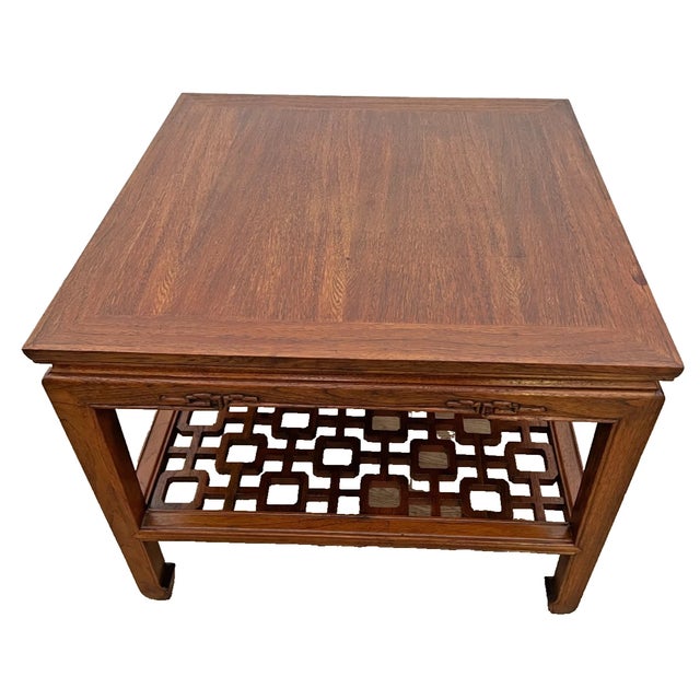 1960s MCM Ming Style Wood Coffee / End Table With Open Geometric Fretwork Lower Shelf For Sale In Palm Springs - Image 6 of 12