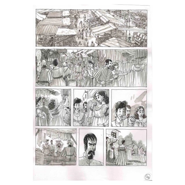 Vincenzo Bizzarri, Market Day, Ink & Watercolor on Paper, 2016 For Sale