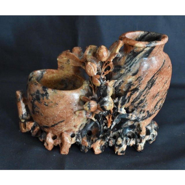 Chinese Antique Chinese Carved Soapstone Double Vase Floral Sculpture Pot Red Black For Sale - Image 3 of 14