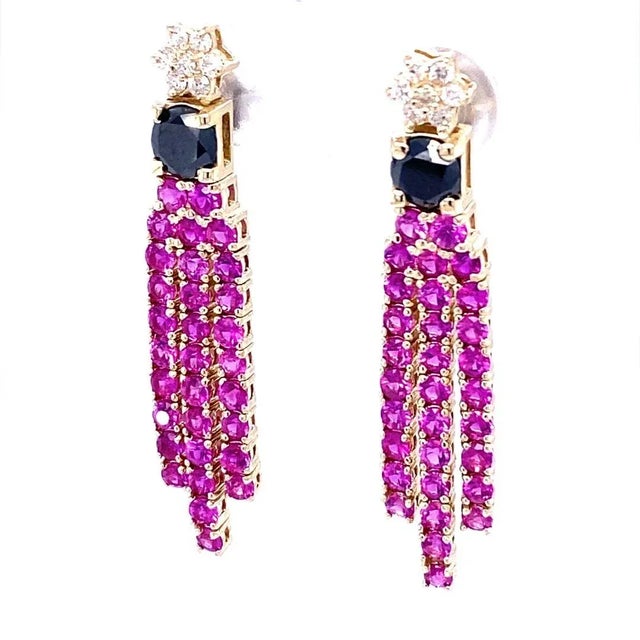 4.65 Carat Black Diamond Pink Sapphire 14 Karat Yellow Gold Earrings - a Pair For Sale - Image 4 of 6