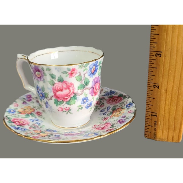 Mid 19th Century Vintage Crown Staffordshire Fine Bone China Floral Springtime Coffee Cups & Saucers Set- 4 Pieces For Sale - Image 5 of 6