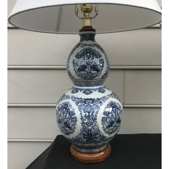 Ralph Lauren Blue and White Chinoiserie Double Gord Koi Fish Lamps a