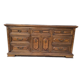 Vintage Traditional Solid Wood 9-Drawer Dresser / Credenza With Glass Top For Sale