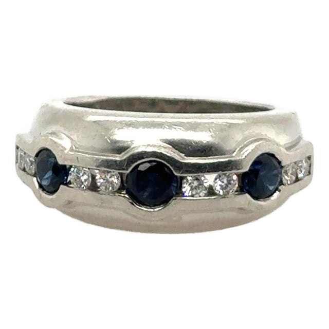 Late 20th Century Kieselstein Cord Blue Sapphire Diamond Platinum Ring, Size 7 For Sale