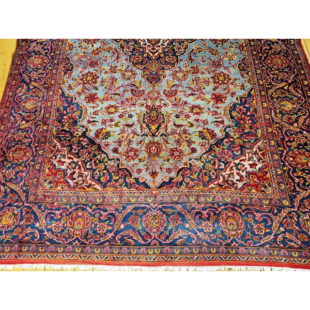 Turquoise Early 20th Century Persian Kashan Rug, Handwoven Floral Pattern, Turquoise & Red, 6’ X 9’ For Sale - Image 8 of 12