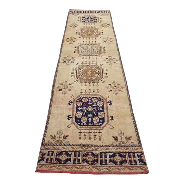 1960s Beige and Blue Vintage Hallway Runner For Sale