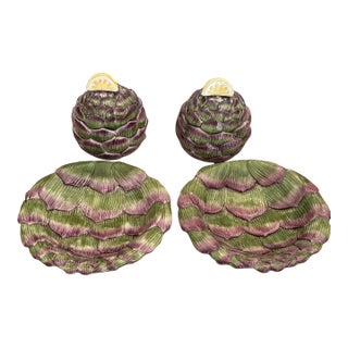 Vintage MCM Fitz and Floyd Artichoke Soup Bowls and Plates, Set of 4 For Sale
