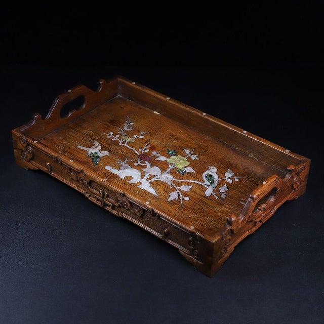 Traditional Vintage Wood Tray With Mother-of-Pearl Bird and Floral Inlay For Sale - Image 3 of 9