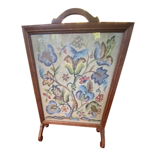 Fireplace Screen Vintage 1930s Handmade Framed Needlepoint For Sale