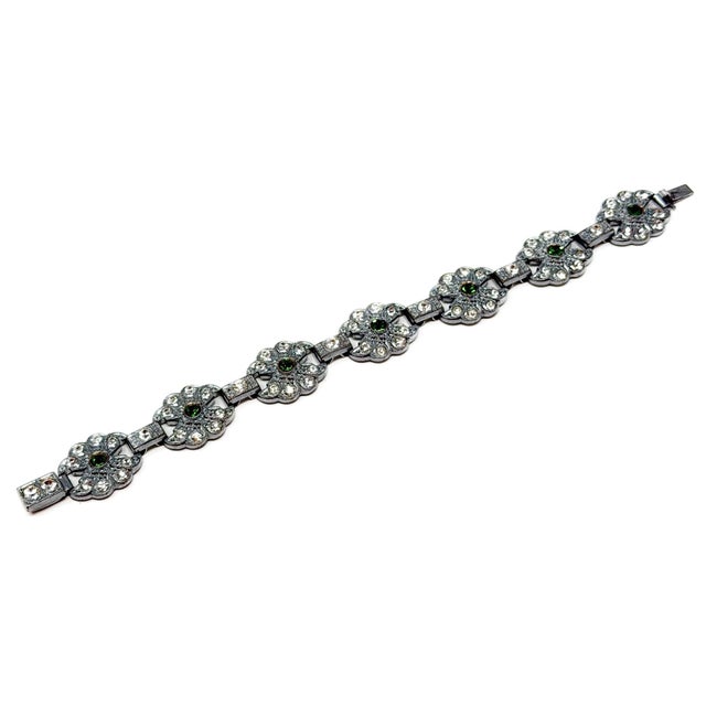 Green Art Deco Green and Clear Paste Flower Bracelet, 1930s For Sale - Image 8 of 10