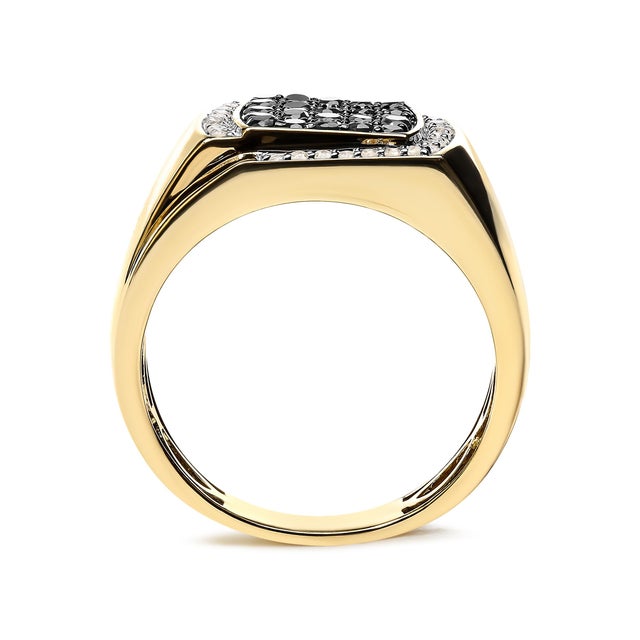 Haus of Brilliance Men's 10K Yellow Gold 1.00 Cttw Cushion Cluster Black and White Diamond Statement Ring (I-J Color, I2-I3 Clarity) - Ring - Size 10 For Sale - Image 4 of 6