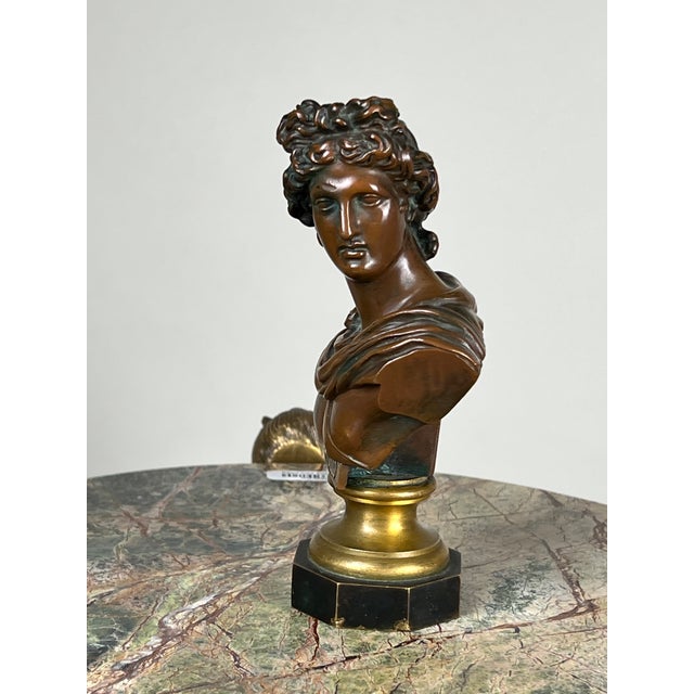This antique small bronze bust of the Apollo Belvedere reflects the enduring fascination with classical antiquity that...