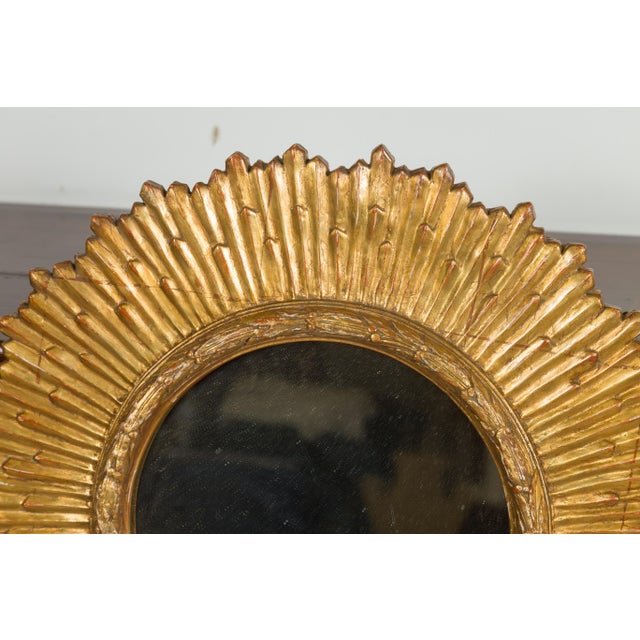 Wood French Midcentury Giltwood Sunburst Mirror with Radiating Rays and Carved Frame For Sale - Image 7 of 11