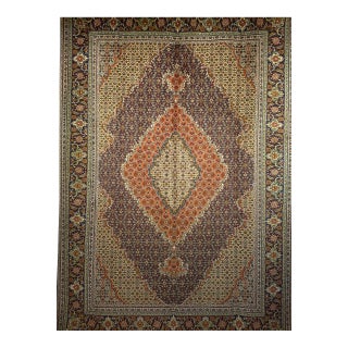 Antique Persian Tabriz Mahi Rug, Hand-Knotted Wool & Silk, Herati Geometric Pattern, Ivory & Blue, 7x10 For Sale