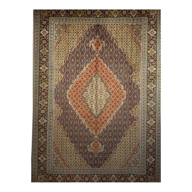 Antique Persian Tabriz Mahi Rug, Hand-Knotted Wool & Silk, Herati Geometric Pattern, Ivory & Blue, 7x10 For Sale