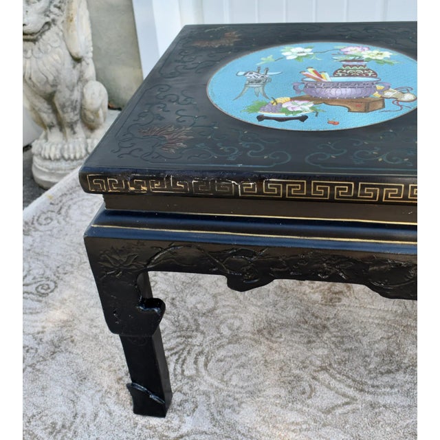 1980s Wood Coffee Table Painted Black Lacquer Chinese Cloisonne Enamel Panels 36" For Sale - Image 5 of 12