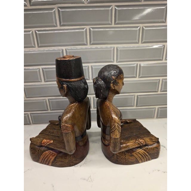 Realism Mid-Century Balinese Hand-Carved Teakwood Kneeling Ceremonial Couple - A Pair For Sale - Image 3 of 5