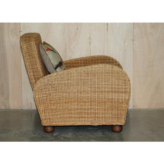Beige Set of Art Deco Style Wicker Club Armchairs with Mulberry Flying Ducks Cushions For Sale - Image 8 of 18