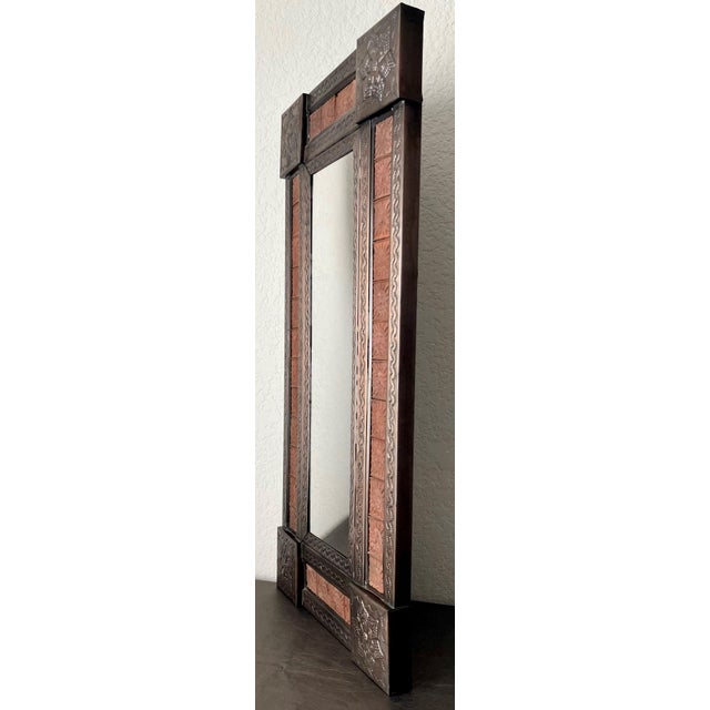 Late 20th-Century Mexican Bronzed Hojalata (Tin Art Work) & Stamped Terracotta Tile Mirror - Hangs Vertically or Horizontally For Sale - Image 14 of 17