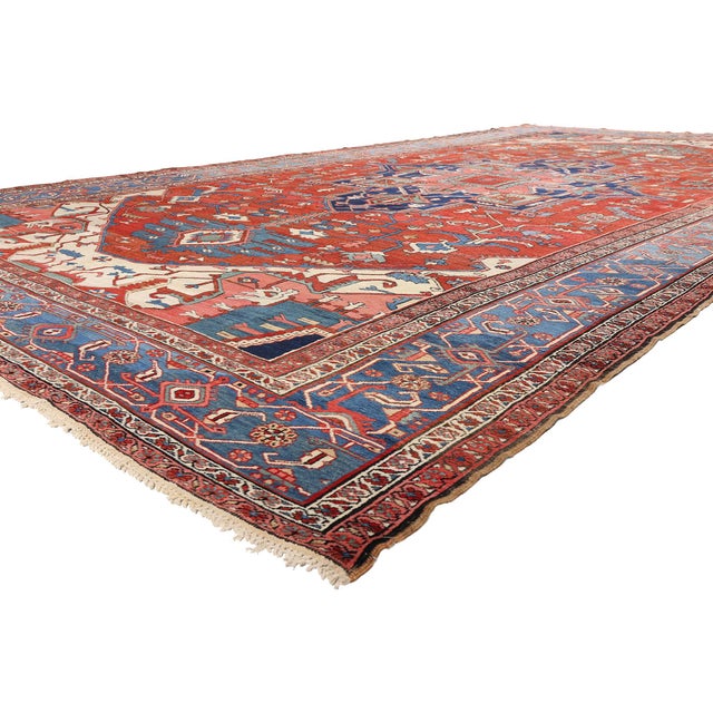 79676 Antique Persian Serapi Rug, 10'09 x 18'10. The Crimson Citadel: Late 19th Century Persian Serapi Masterpiece of...