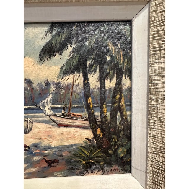 Wood Vintage Mid-Century Signed Coastal Oil Painting With Palm Trees & Chickens For Sale - Image 7 of 15
