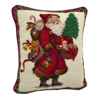Vintage Needlepoint Santa Claus Decorative Throw Pillow For Sale