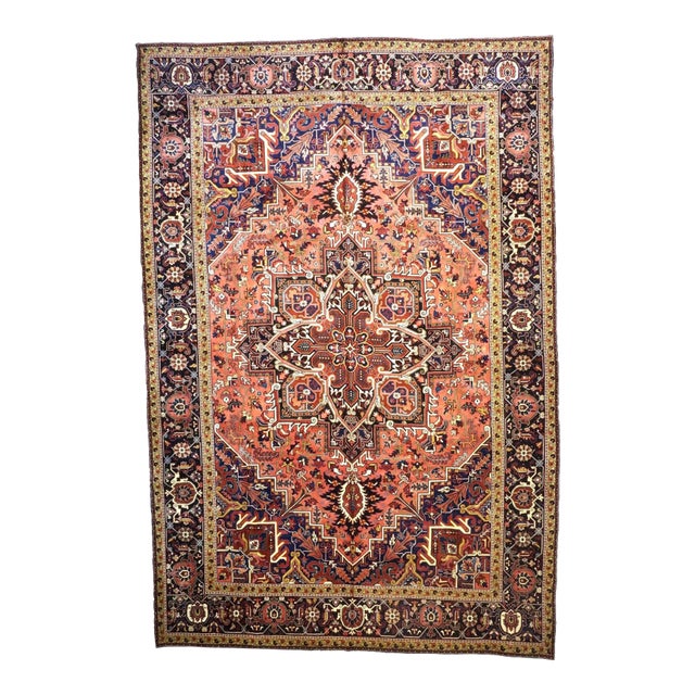 Vintage Persian Heriz Wool 13x20 Red, Orange & Black Handmade Oversized Area Rug #9902086 For Sale