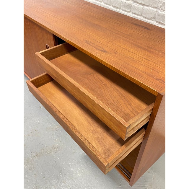 Long Mid Century Modern Teak Credenza | Danish Sliding Door Sideboard, C. 1960's For Sale - Image 13 of 15