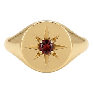 Celestial Garnet Signet Ring, Gold Starburst Ring, Compass Style Gold Ring for Women Us 7 For Sale