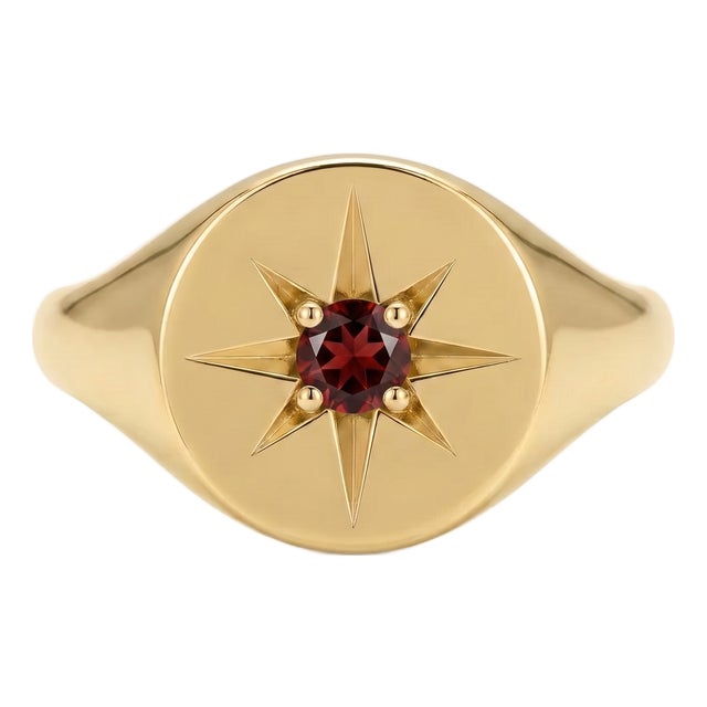 Celestial Garnet Signet Ring, Gold Starburst Ring, Compass Style Gold Ring for Women Us 7 For Sale