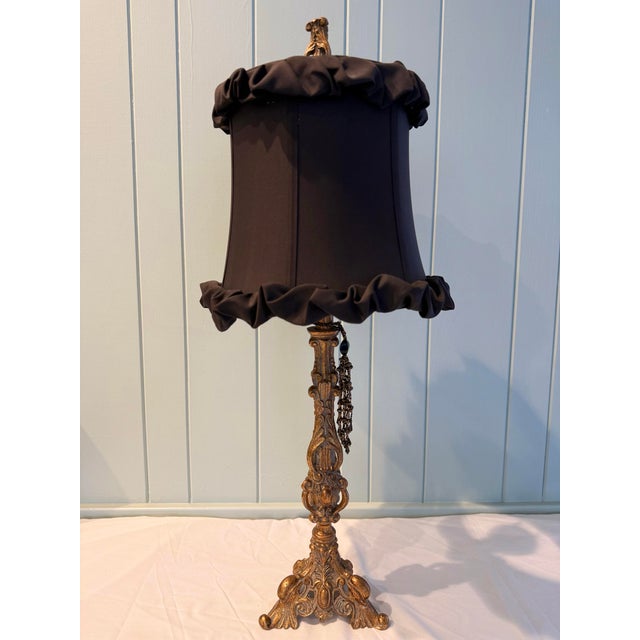 Vintage Carved Table Lamp With Decorative Beaded Detail & Shade For Sale - Image 12 of 12