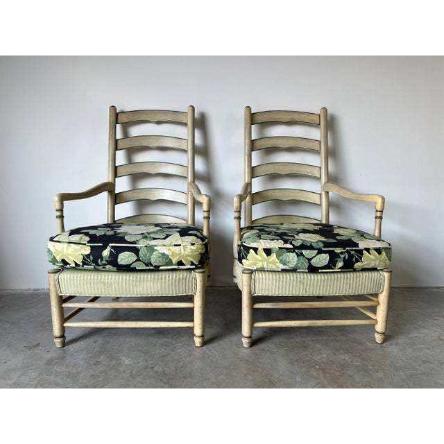 Vintage French Provincial - Style High. Ladder Back Arm Lounge Chairs - A Pair/ Sold For Sale - Image 13 of 13
