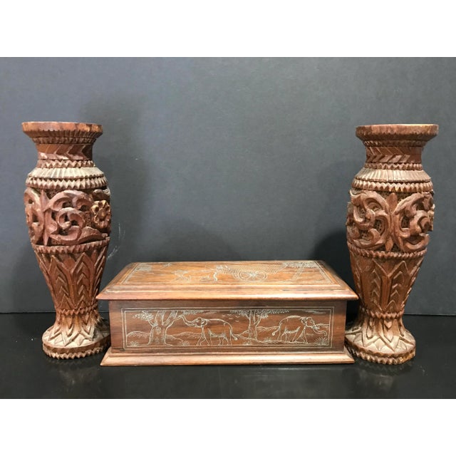 Antique Indian Silver Inlaid Wooden Casket Box and Two Wooden Vases Set - 3 Pieces For Sale - Image 10 of 10