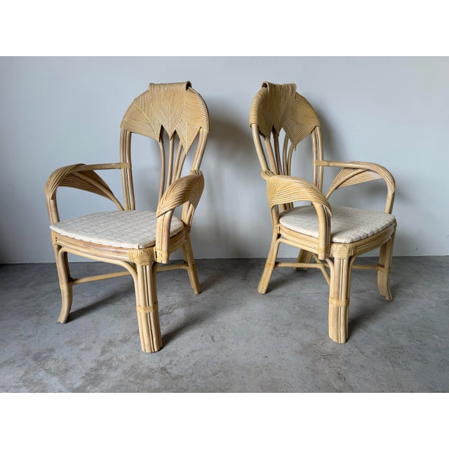 Vintage Boho Chic Coastal Rattan & Leather-Wrapped Dining Chairs – Set of 4 For Sale In Miami - Image 6 of 12