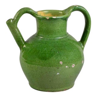Early 20th Century French Green Glaze Confit With Spout Handle For Sale
