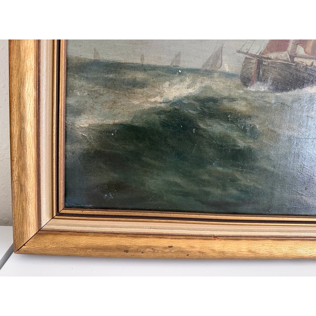 Antique Oil Painting Dutch Marine Seascape Sailing Boats Coastal Scene Unsigned For Sale - Image 9 of 10