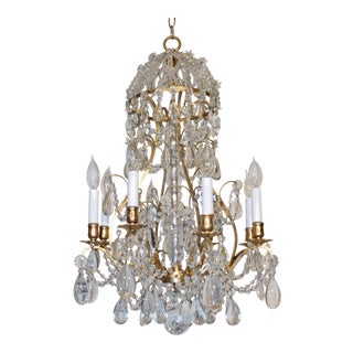 1960s French 8 Arm 12 Light Brass Beaded Domed Crystal Chandelier For Sale