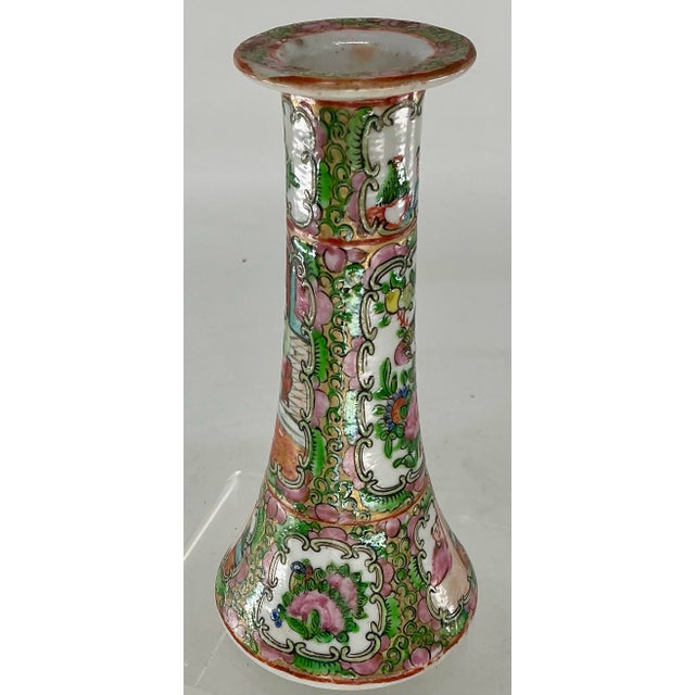 Pair of Antique Chinese Rose Medallion Porcelain Candlesticks For Sale - Image 4 of 12