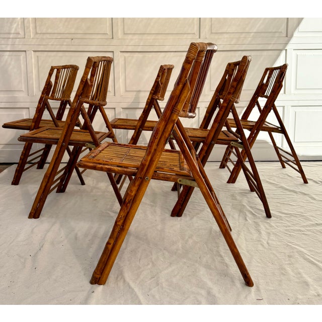 1960's Set of 6 Tortoiseshell Finish Bamboo Folding Chairs For Sale - Image 4 of 10