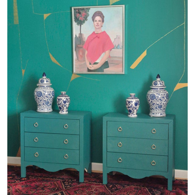 Hollywood Regency Green Painted 3-Drawer Chests Nightstands Credenza, a Pair For Sale - Image 11 of 12