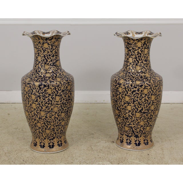Pair of Large Blue & Gold Porcelain Chinese Style Floor Planter Vases Chairish